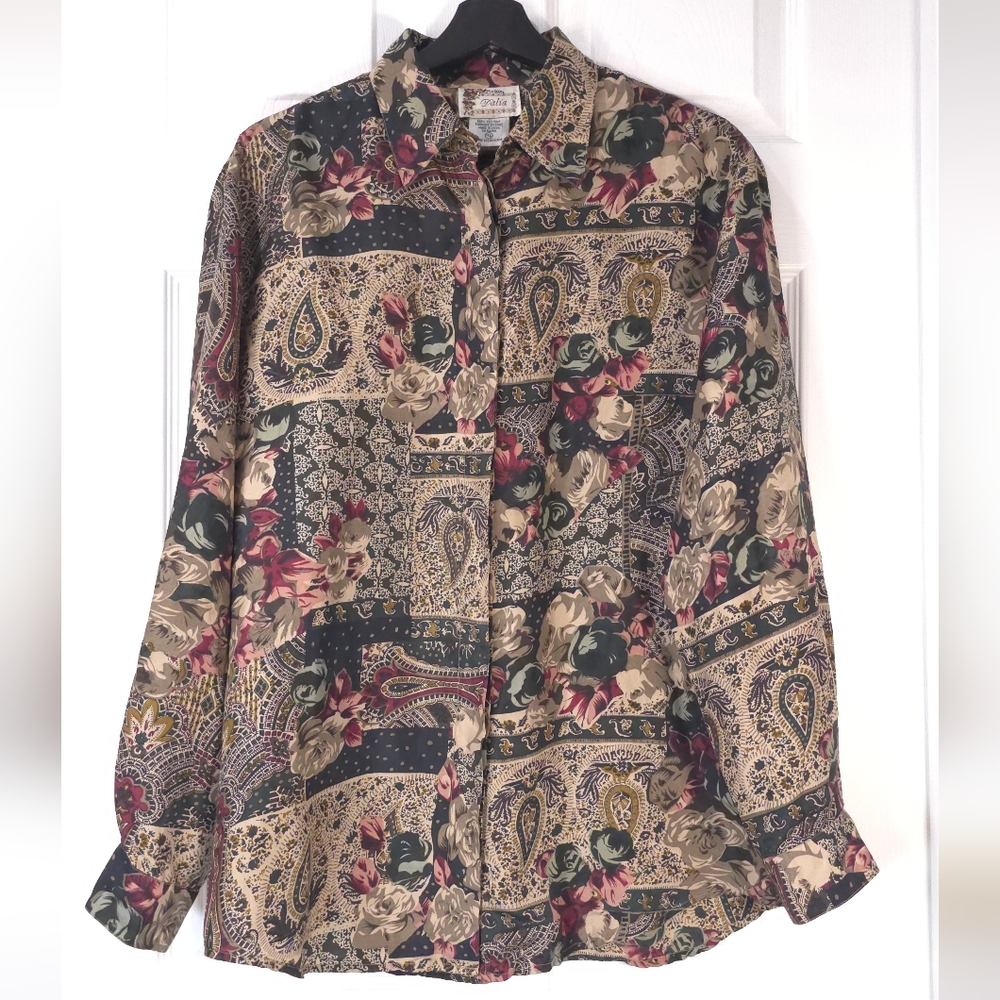 Dalia Vtg 100% Silk Patchwork Paisley Floral Blouse Boho Artsy Size M - Picture 2 of 10
